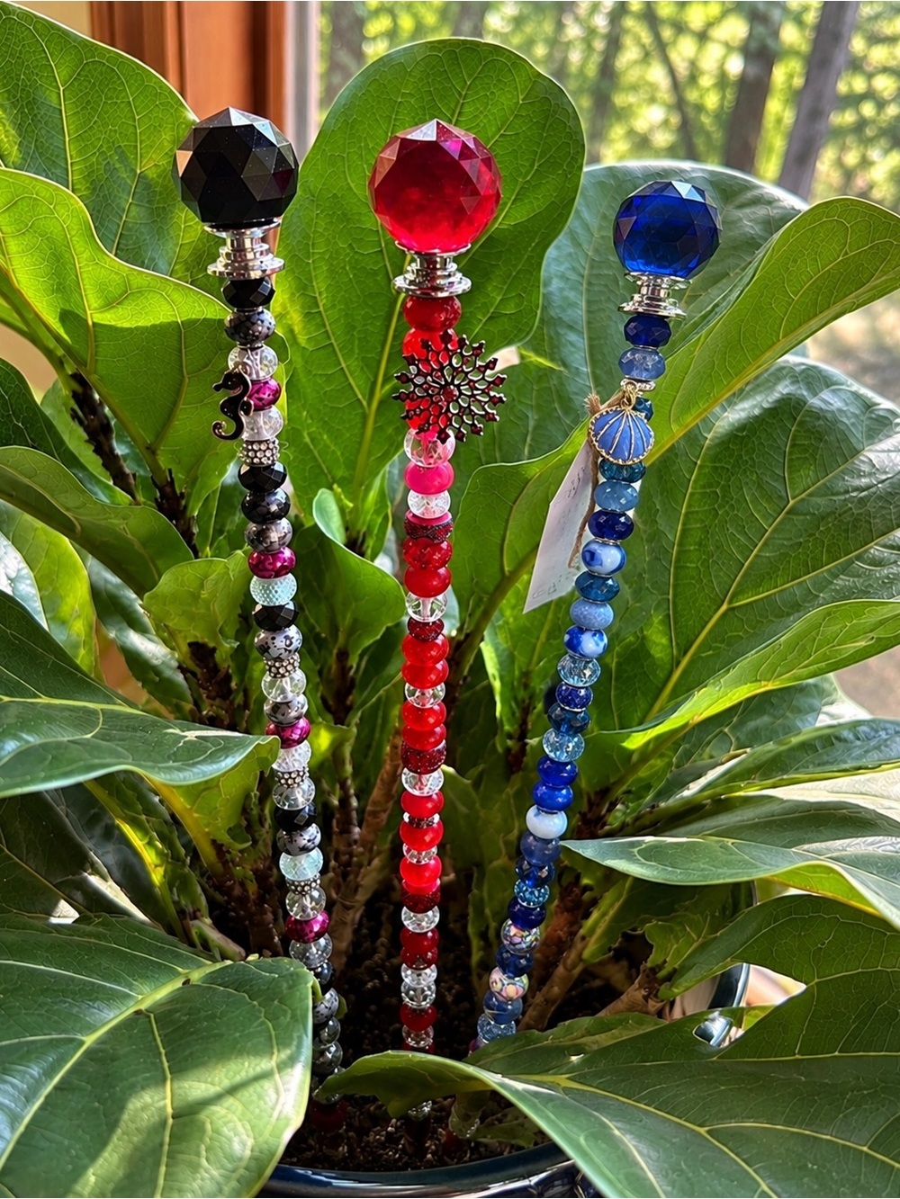 Handmade Beaded Crystal Topstick - Red, Black & Blue Accent Jewelry